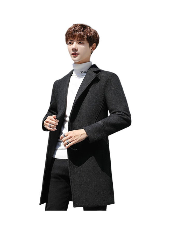 Men Slim Single-breasted  V-Neck Woolen Trench Coat Black  - Image 1