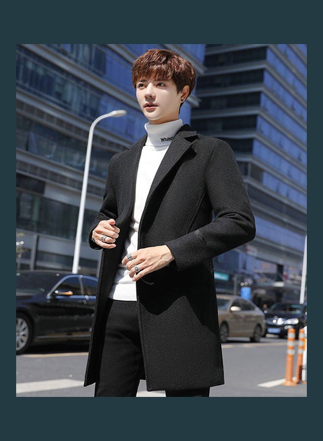 Men Slim Single-breasted  V-Neck Woolen Trench Coat Black  - Image 2