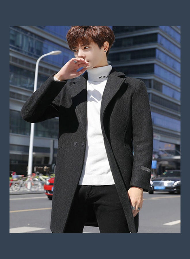 Men Slim Single-breasted  V-Neck Woolen Trench Coat Black  - Image 3
