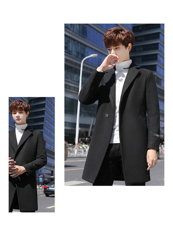 Men Slim Single-breasted  V-Neck Woolen Trench Coat Black  - Image 4