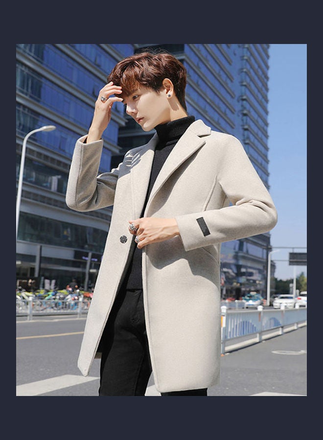Men Slim Single-breasted  V-Neck Woolen Trench Coat Gray  - Image 3