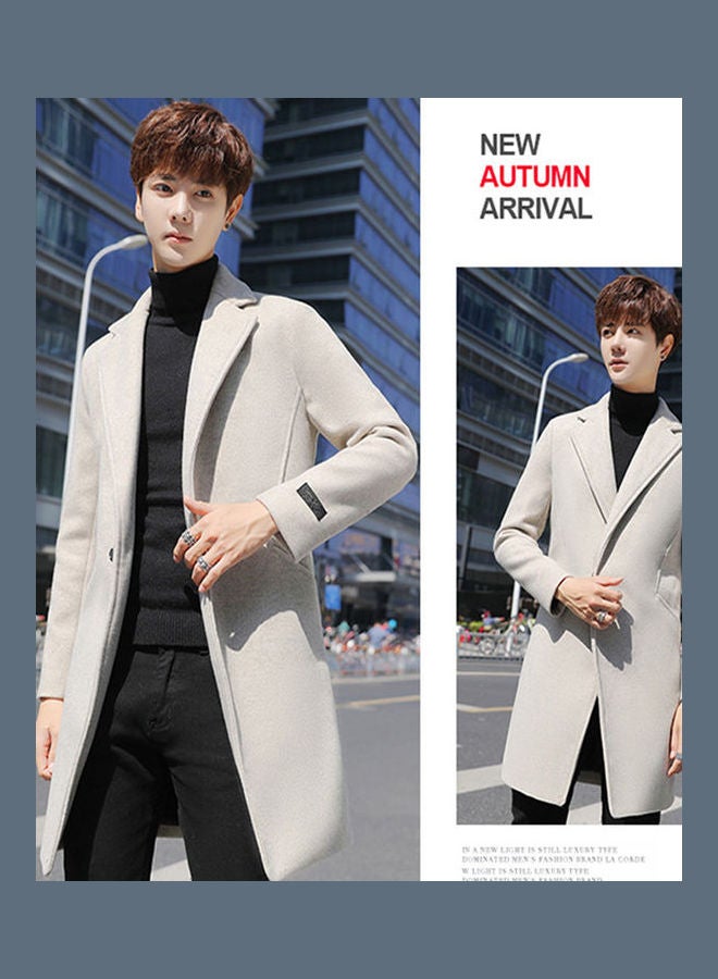 Men Slim Single-breasted  V-Neck Woolen Trench Coat Gray  - Image 4