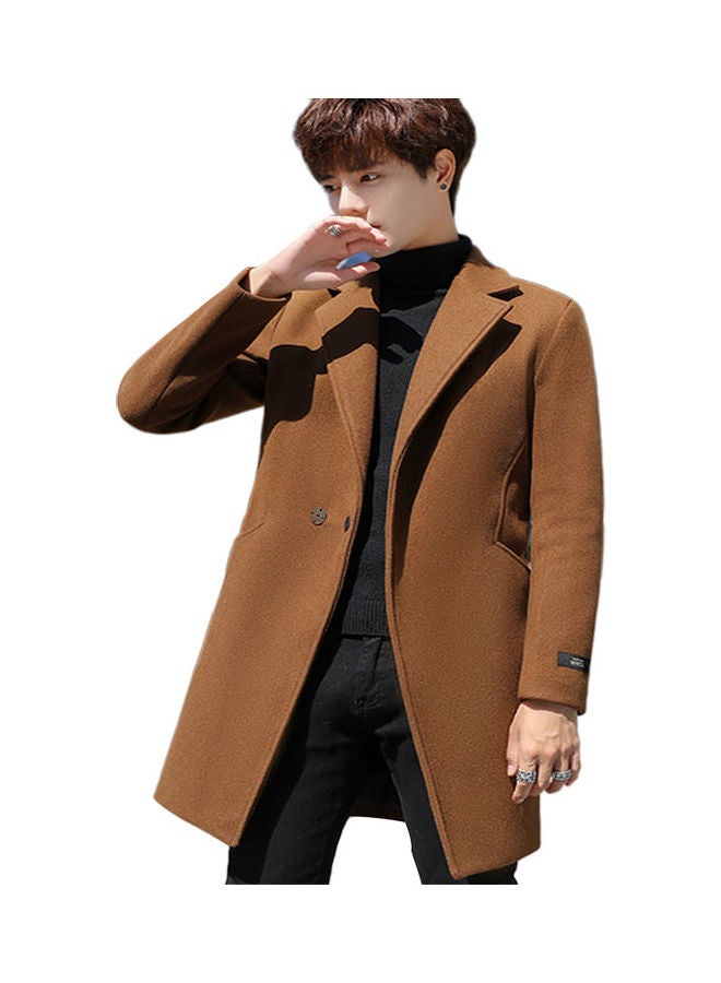 Generic - Men Slim Single-breasted  V-Neck Woolen Trench Coat Camel - Image 1