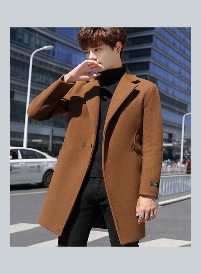Generic - Men Slim Single-breasted  V-Neck Woolen Trench Coat Camel - Image 1