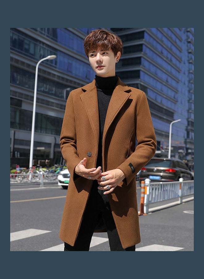 Generic - Men Slim Single-breasted  V-Neck Woolen Trench Coat Camel - Image 1