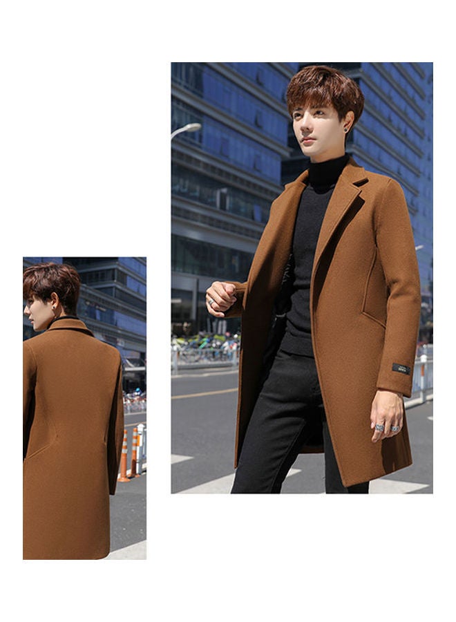 Generic - Men Slim Single-breasted  V-Neck Woolen Trench Coat Camel - Image 1