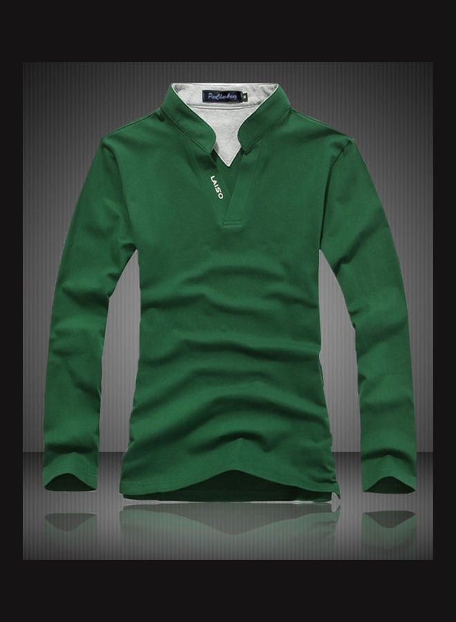 Polo Shirt of Long Sleeves and V-neck Casual Pullover green  - Image 2