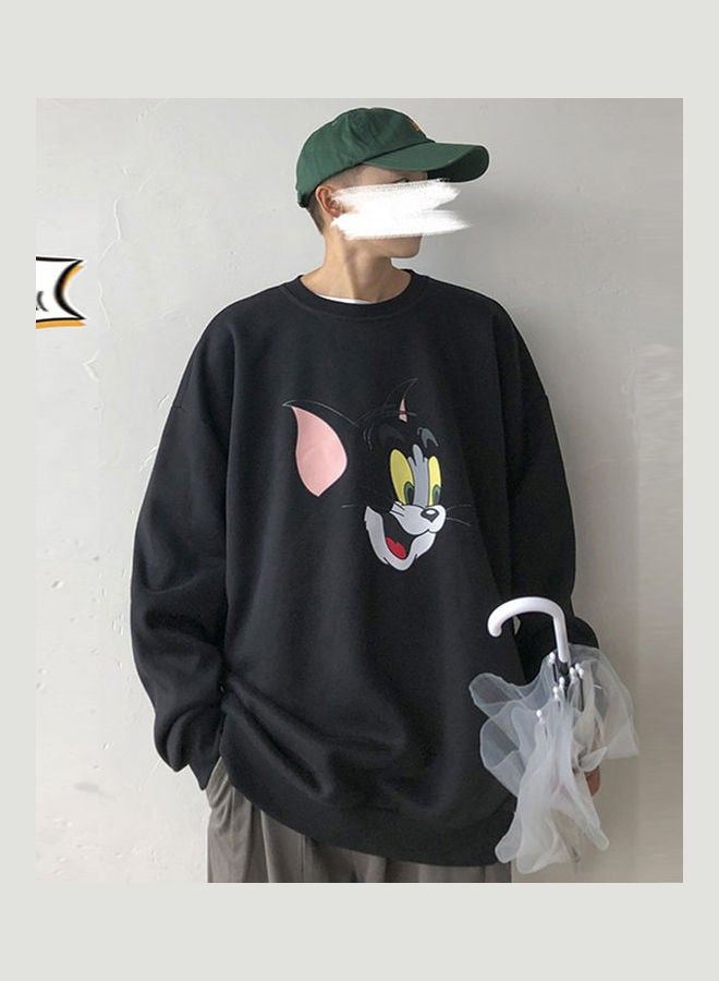 Tom and Jerry Crew Neck Printing Loose Pullover Black - Image 1
