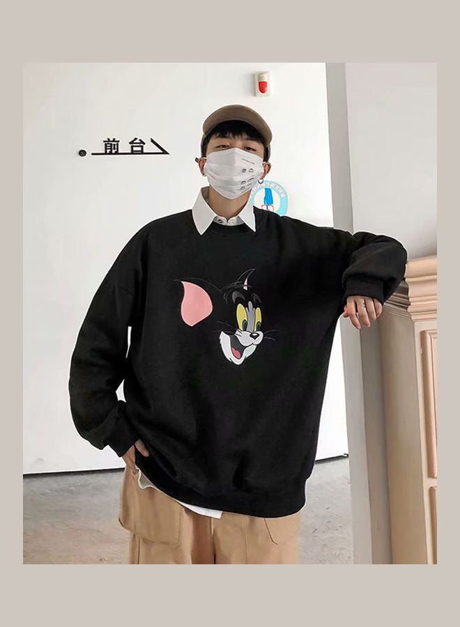 Tom and Jerry Crew Neck Printing Loose Pullover Black - Image 2