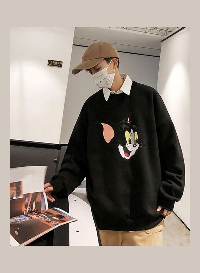 Tom and Jerry Crew Neck Printing Loose Pullover Black - Image 3