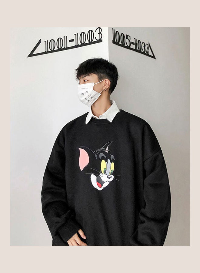 Tom and Jerry Crew Neck Printing Loose Pullover Black - Image 4