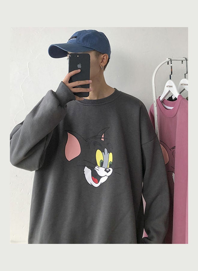 Tom and Jerry Crew Neck Printing Loose Pullover Dark gray - Image 1