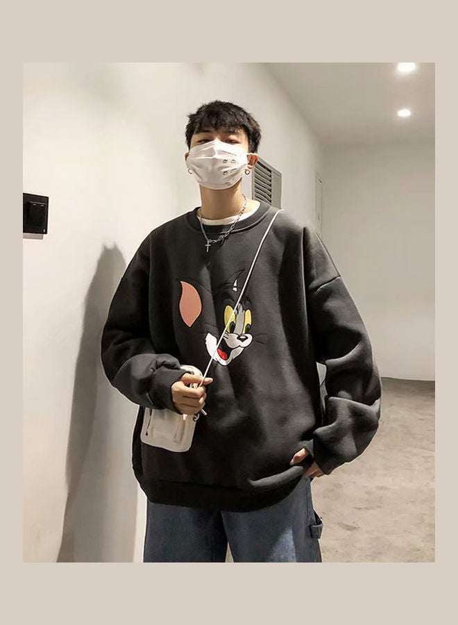 Tom and Jerry Crew Neck Printing Loose Pullover Dark gray - Image 2