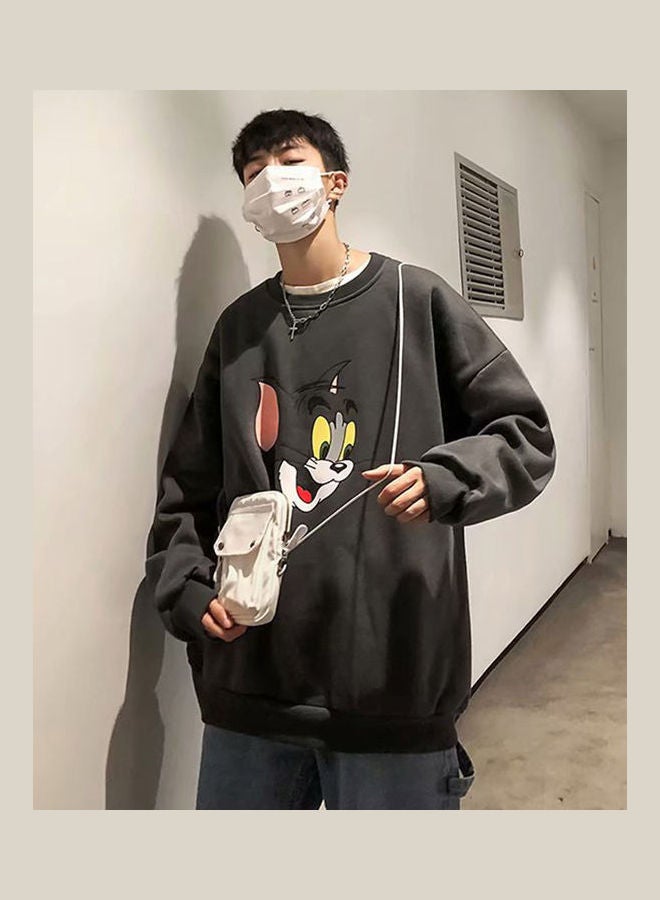 Tom and Jerry Crew Neck Printing Loose Pullover Dark gray - Image 3