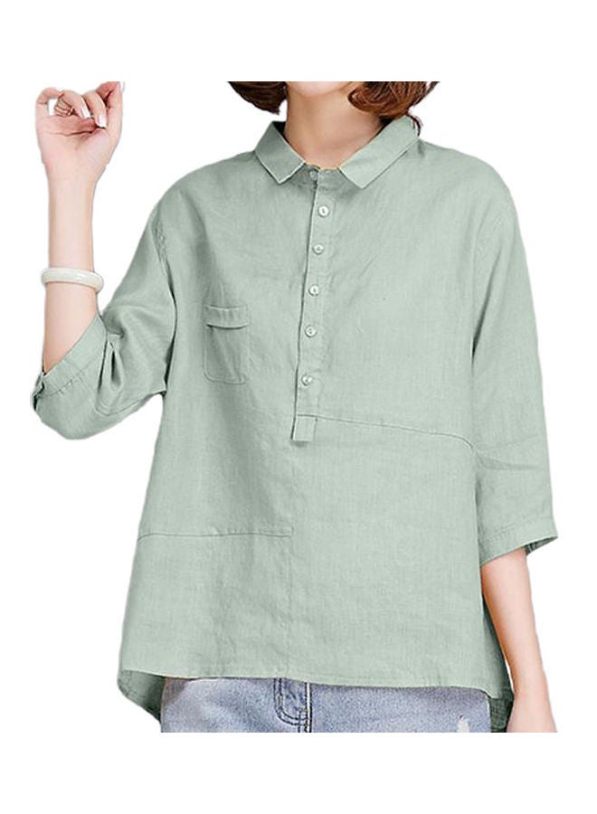 Women Cotton Linen T Shirt Spring Summer Loose Lapel Blouse pea green color - Image 1