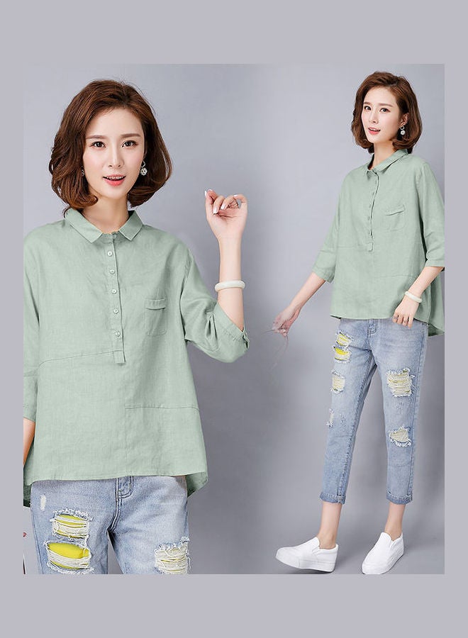 Women Cotton Linen T Shirt Spring Summer Loose Lapel Blouse pea green color - Image 3