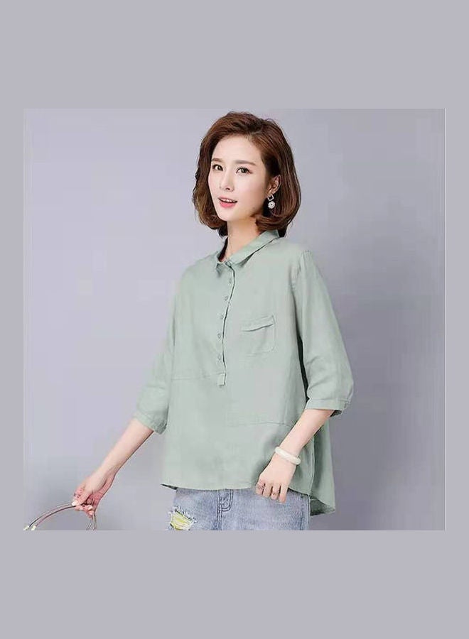 Women Cotton Linen T Shirt Spring Summer Loose Lapel Blouse pea green color - Image 4