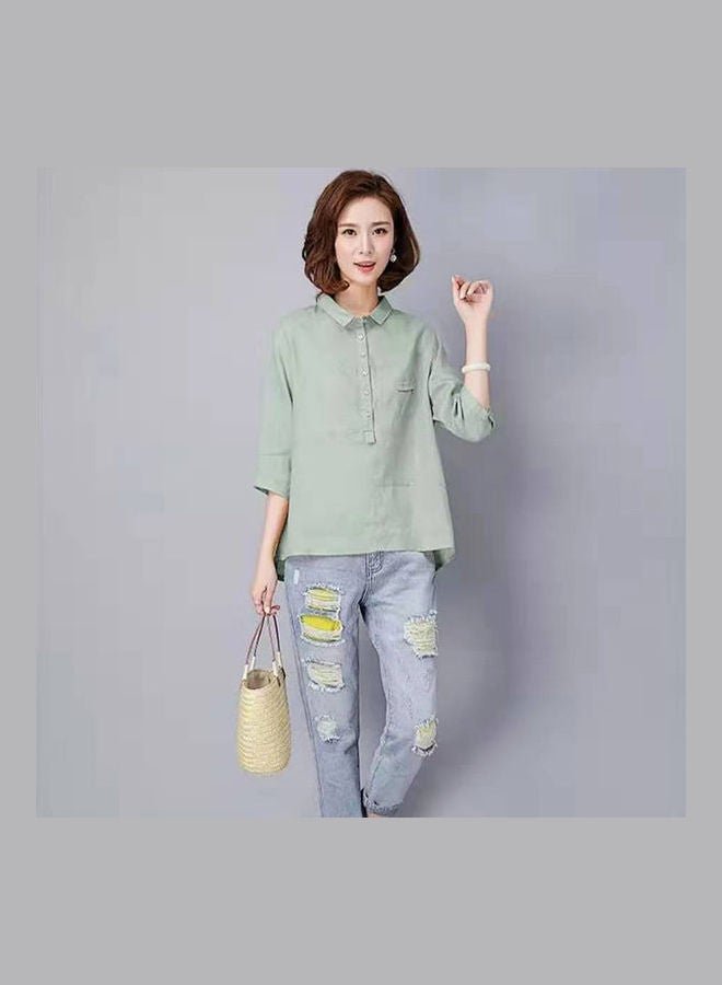 Women Cotton Linen T Shirt Spring Summer Loose Lapel Blouse pea green color - Image 5