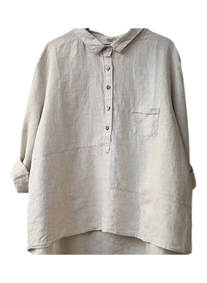 Women Cotton Linen T Shirt Spring Summer Loose Lapel Blouse creamy-white - Image 1