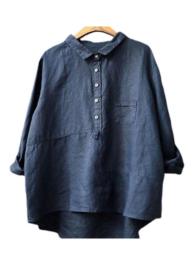 Women Cotton Linen T Shirt Spring Summer Loose Lapel Blouse Navy blue - Image 1