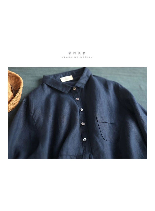 Women Cotton Linen T Shirt Spring Summer Loose Lapel Blouse Navy blue - Image 3