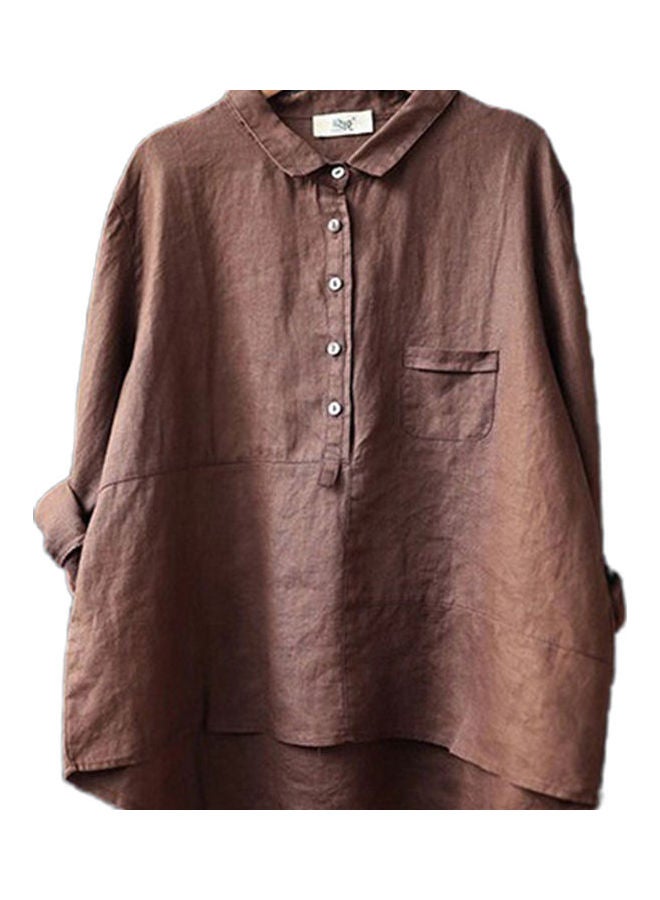 Women Cotton Linen T Shirt Spring Summer Loose Lapel Blouse Red coffee - Image 1