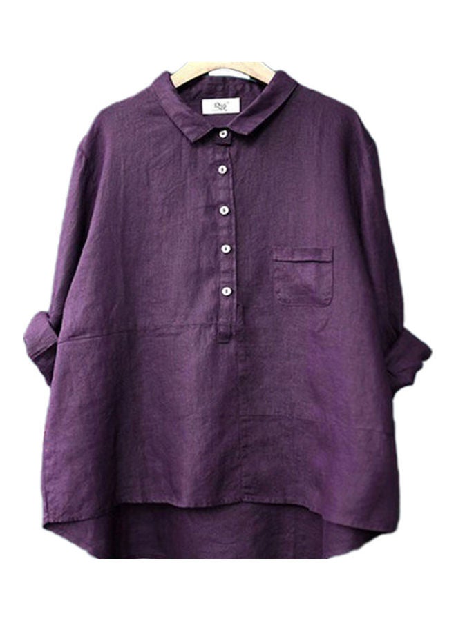 Women Cotton Linen T Shirt Summer Three Quarter Sleeve Lapel Blouse Dark purple - Image 1