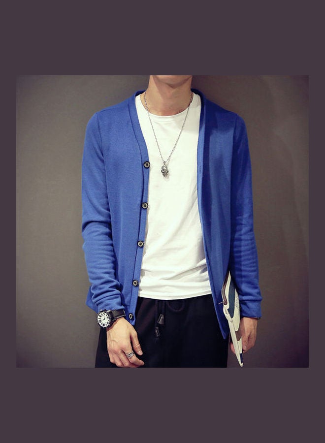 Generic - Men Cardigan V-collar Knitting Cardigan Sweater Royal blue - Image 1