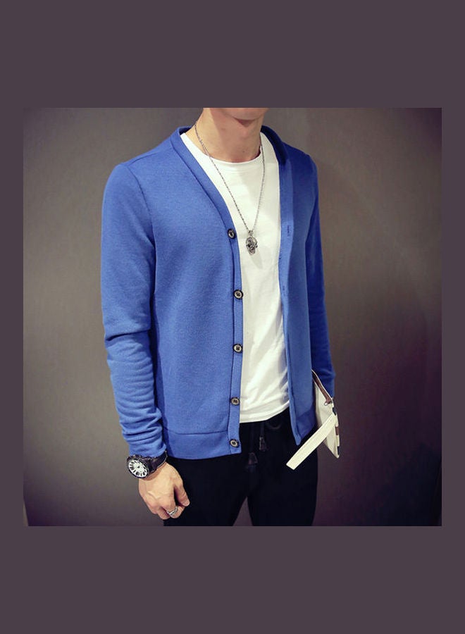 Generic - Men Cardigan V-collar Knitting Cardigan Sweater Royal blue - Image 1