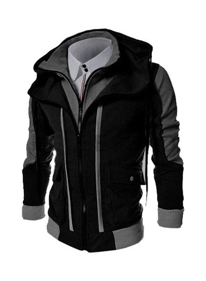 جاكيت كاجوال بتصميم قصة ضيقة ومزود بغطاء للرأس أسود/فضي - Image 1