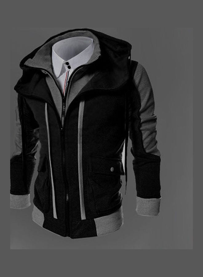 جاكيت كاجوال بتصميم قصة ضيقة ومزود بغطاء للرأس أسود/فضي - Image 2