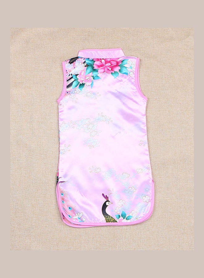 Generic Kids Girls Stand Collar Peacock Printing Cheongsam Multicolour  - Image 2