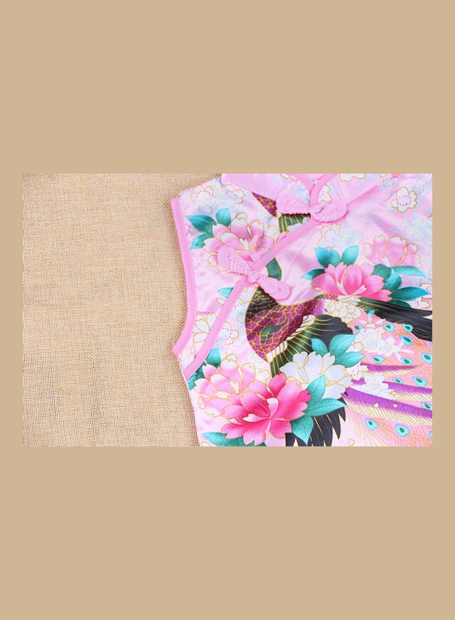 Generic Kids Girls Stand Collar Peacock Printing Cheongsam Multicolour  - Image 4