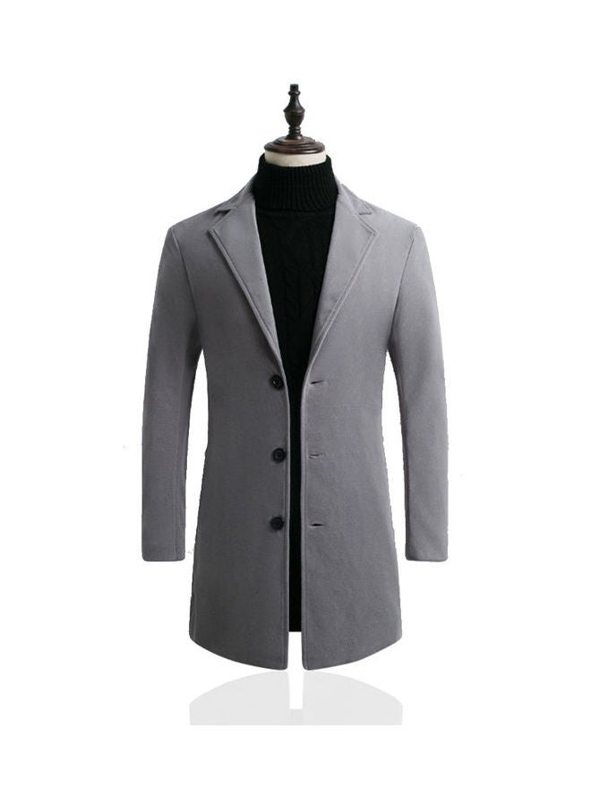 Men Slim Single-breasted  V-Neck Woolen Trench Coat light grey  - Image 1