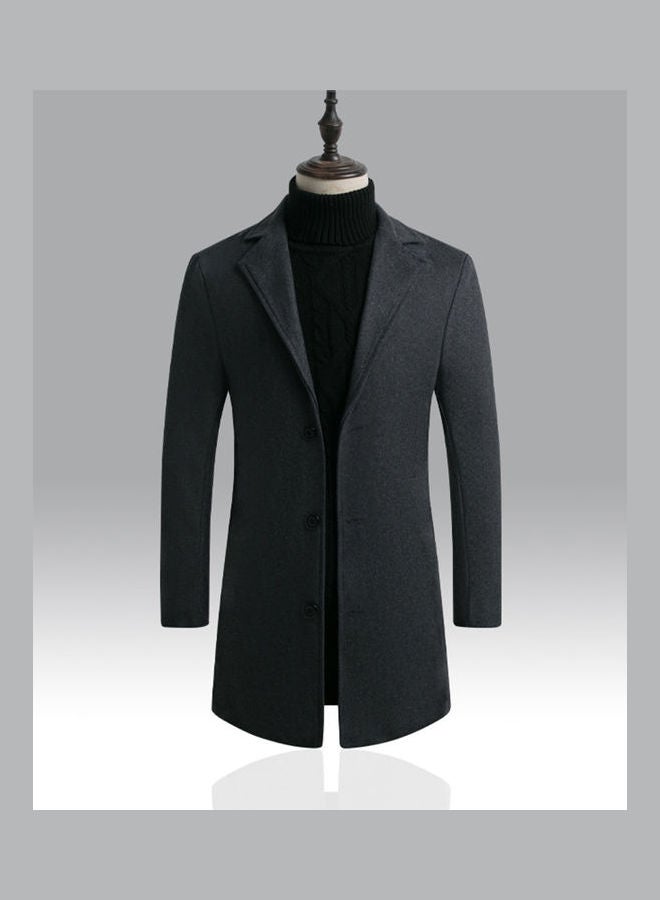 Men Slim Single-breasted  V-Neck Woolen Trench Coat Dark gray  - Image 1