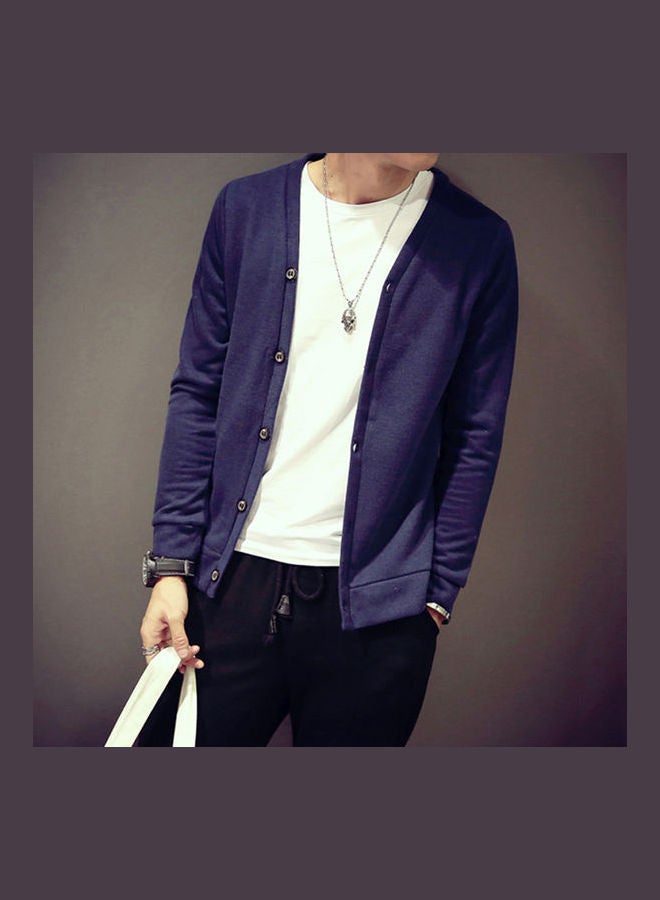 Generic - Men Cardigan V-collar Knitting Cardigan Sweater Navy - Image 1