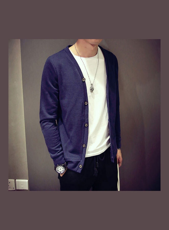 Generic - Men Cardigan V-collar Knitting Cardigan Sweater Navy - Image 1