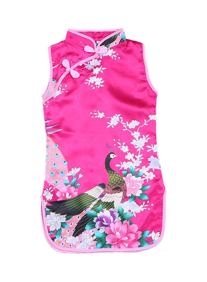 Generic Kids Girls Stand Collar Peacock Printing Cheongsam rose red  - Image 1
