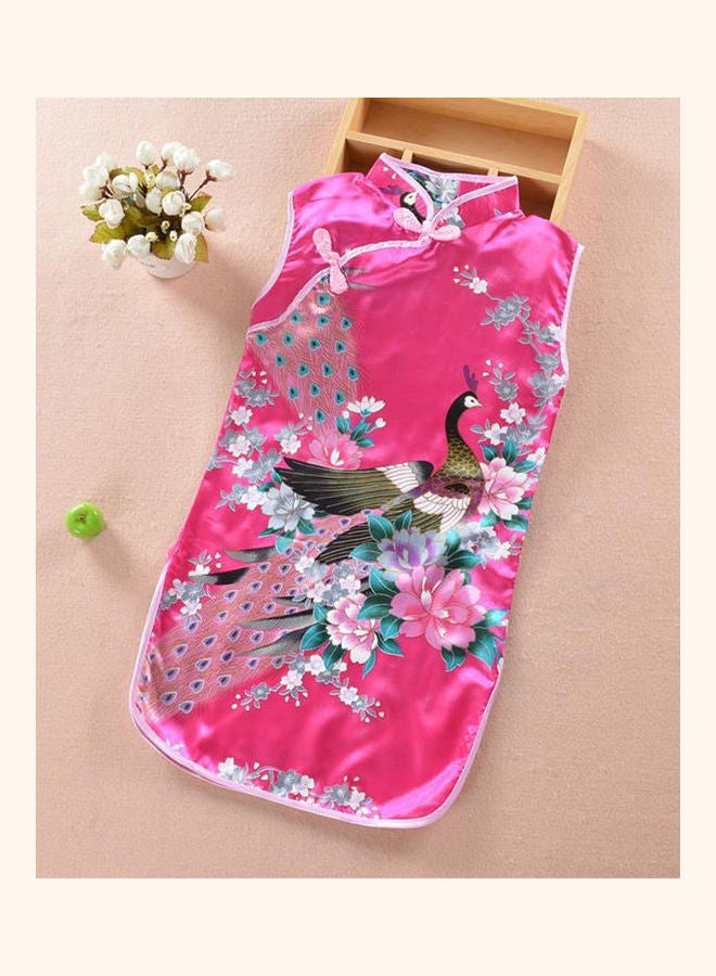 Generic Kids Girls Stand Collar Peacock Printing Cheongsam rose red  - Image 2