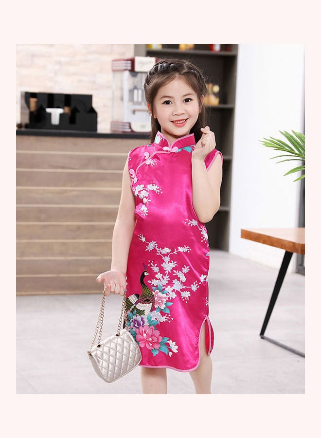 Generic Kids Girls Stand Collar Peacock Printing Cheongsam rose red  - Image 3