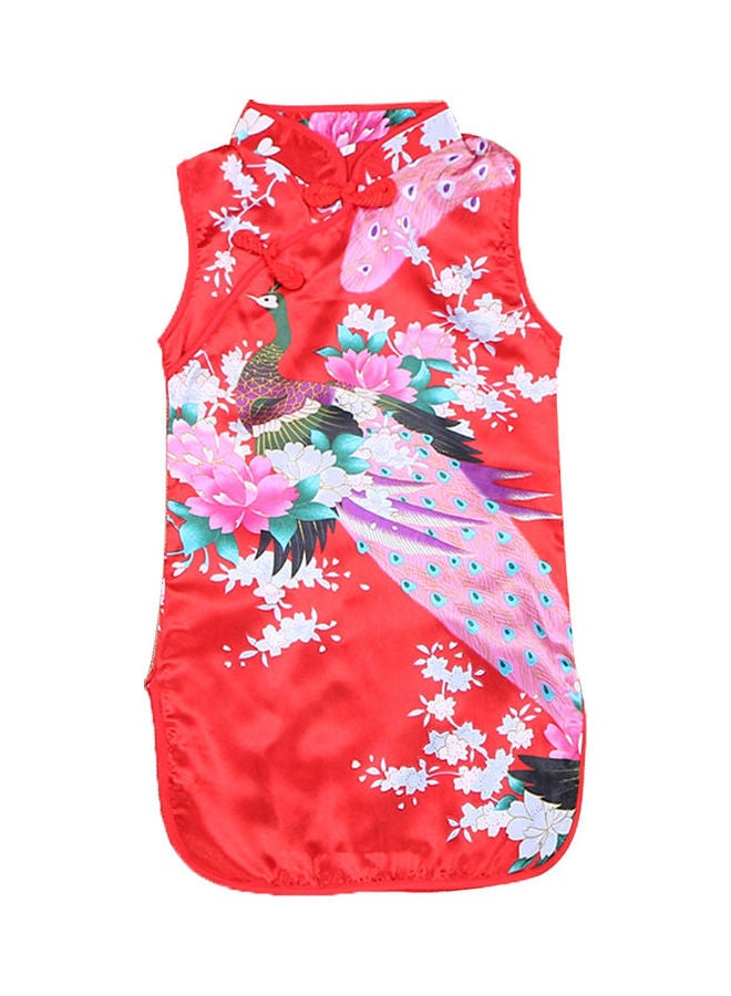 Generic Kids Girls Stand Collar Peacock Printing Cheongsam rose red  - Image 4