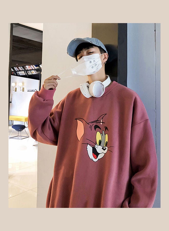 Tom and Jerry Crew Neck Printing Loose Pullover Red - Image 1