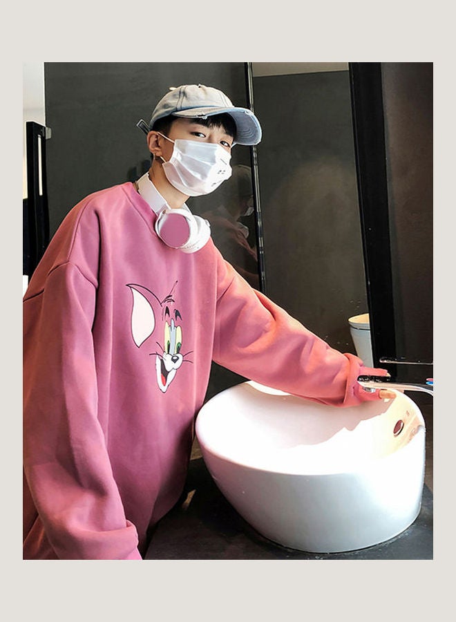 Tom and Jerry Crew Neck Printing Loose Pullover Red - Image 2