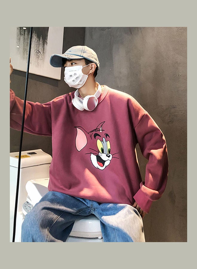 Tom and Jerry Crew Neck Printing Loose Pullover Red - Image 3