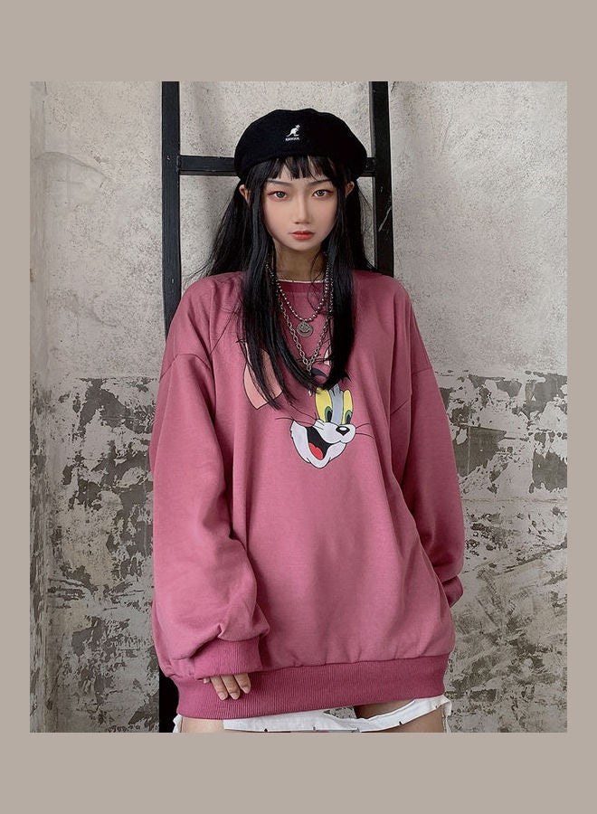 Tom and Jerry Crew Neck Printing Loose Pullover Red - Image 4