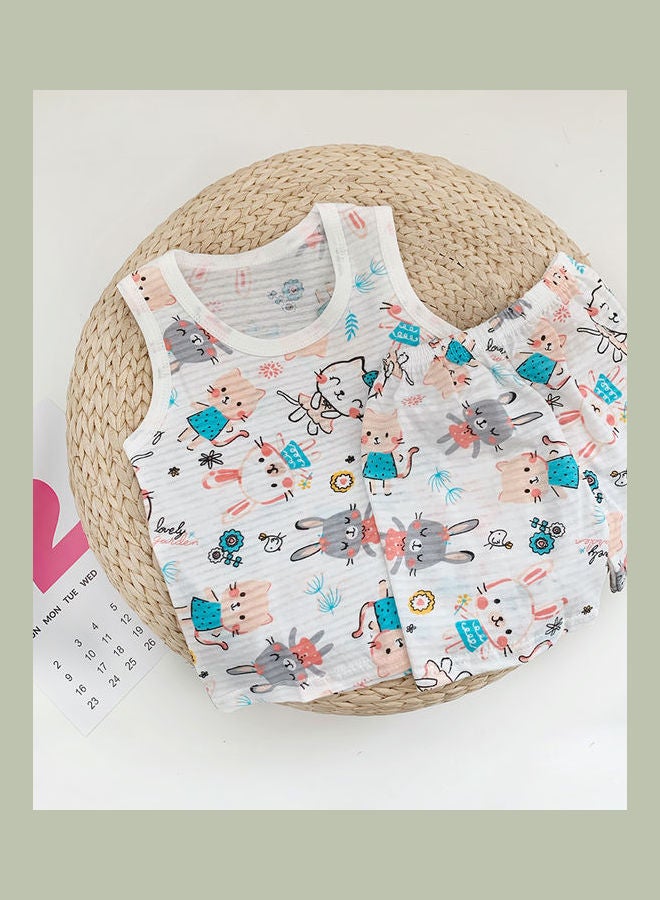2 Piece Old Cotton Cartoon Printed Round Neck kitten  - Image 2