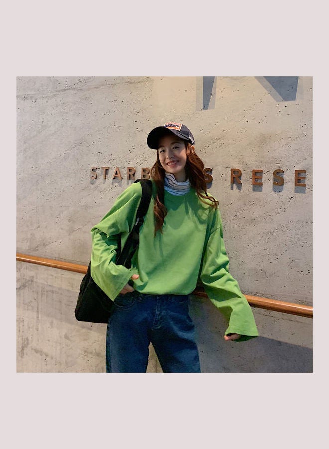 Long Sleeves Casual Loose Tops For Woman Grass Green - Image 1