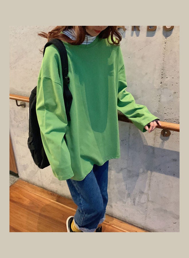 Long Sleeves Casual Loose Tops For Woman Grass Green - Image 2