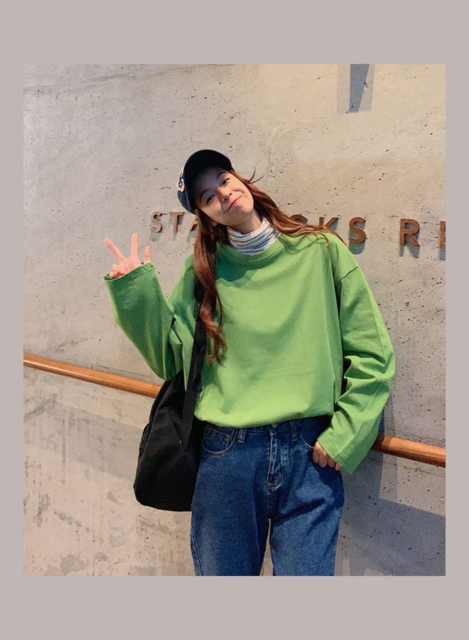Long Sleeves Casual Loose Tops For Woman Grass Green - Image 3