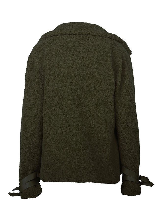 Thicken Plush Lapel Long Sleeve Zipper Women Jacket Army Green - Image 3